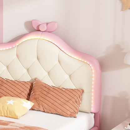 Polsterbett, Einzelbett, Wellenform mit Zugpunkt am Kopfende des Bettes, rosa Schleife, mit mehrfarbigen, wechselnden LED-Streifen, Kinderbett mit Holzlatten, Einzelbett, PU, rosa Bettrahmen, 90x200cm