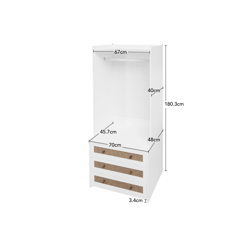 Weißer Kleiderschrank mit drei Schubladen – Garderobe mit Stauraumregal im Boho-Stil – Höhe 180 cm – ideal für Flur, Wohnzimmer, Schlafzimmer, Arbeitszimmer oder Büro.Maße:70*48*180cm