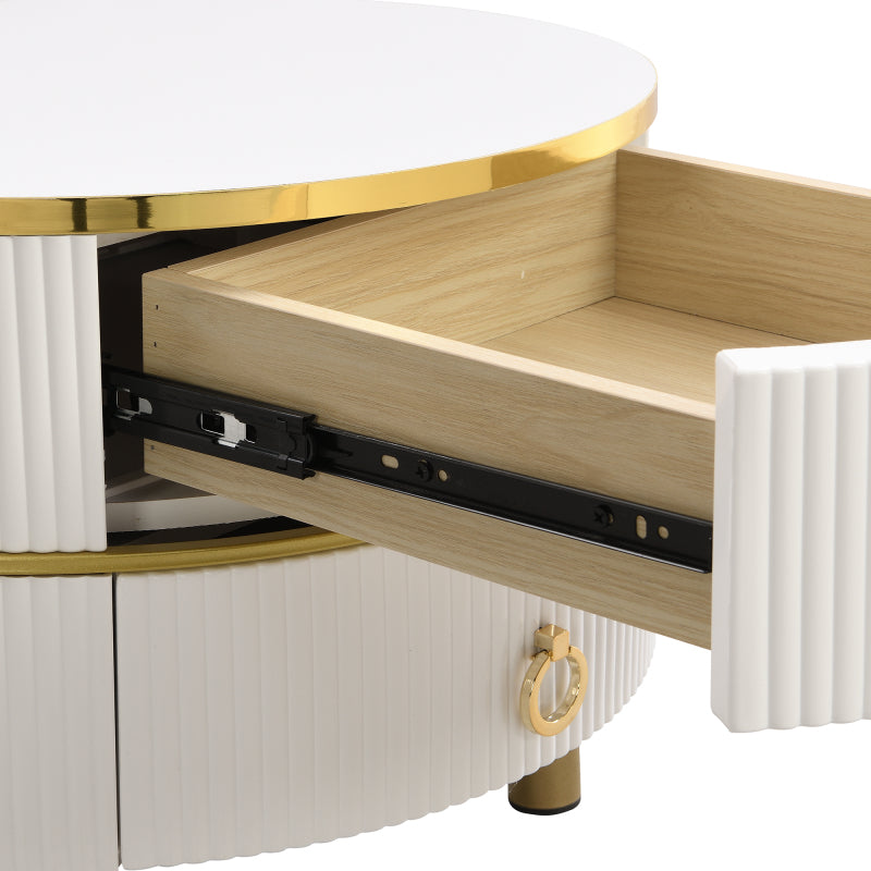 2-in-1 runder Couchtisch aus MDF, Beistelltisch mit 1 weißen Platte und 1 braunen Platte aus gehärtetem Glas, Couchtischkombination mit 2 Schubladen für das Wohnzimmer, 70*70*45 + 50*50*40 cm