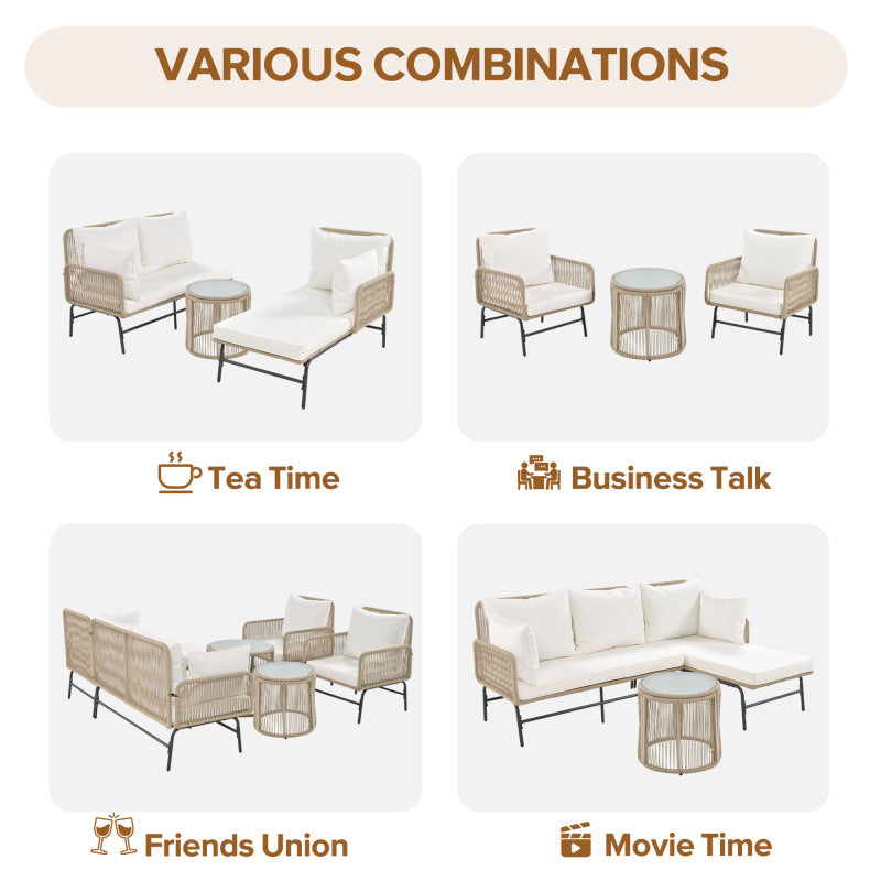 Gartenlounge-Set, Gartenmöbel-Set, Mit Eisenrahmen und beigem Seil, Gartenmöbel aus gewebtem Seil für den Außenbereich, Beige, Zwei Sessel, zwei 2-Sitzer-Sofas und zwei Tische (alle Kissen inklusive)