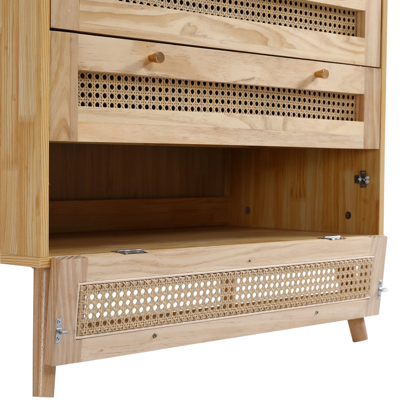 Klassische Kommode, Schrank mit 3 Schubladen, mit Rattan-Schubladenplatte, mit unterem Flip-Top-Deckel, mit goldfarbenem Metallgriff und Holzbeine, Stauraum im Wohnzimmer und Schlafzimmer, Spanplatten