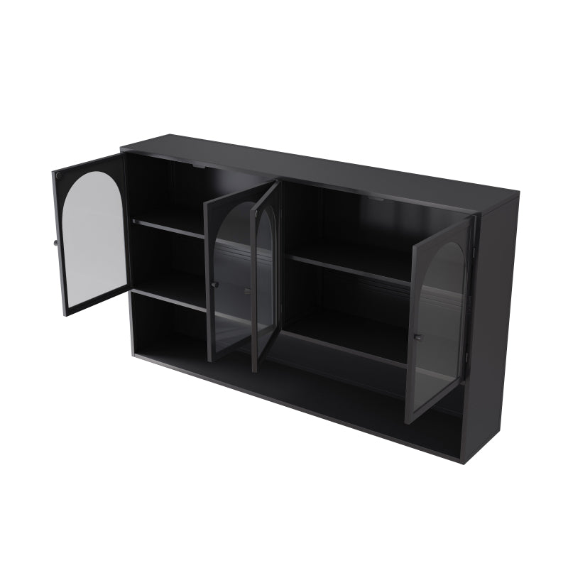 120CM Four-door Glass Wall Cabinet Storage, Wall-mounted,Suitable for Kitchen, Living Room, Bathroom(Black)
