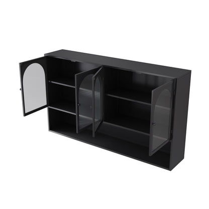 120CM Four-door Glass Wall Cabinet Storage, Wall-mounted,Suitable for Kitchen, Living Room, Bathroom(Black)