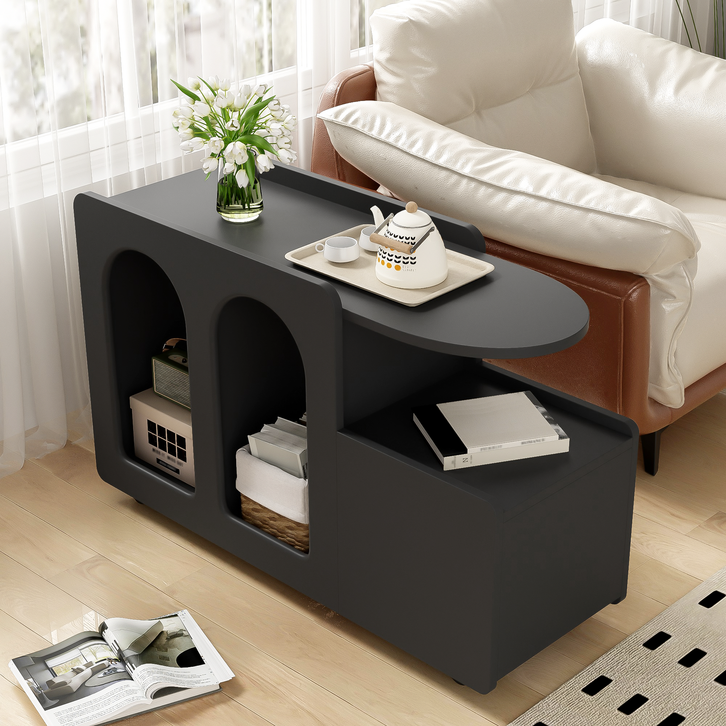 Beistellschrank mit Rollen, vielseitiger Aufbewahrungswagen für Wohnzimmer, Esszimmer und Schlafzimmer, Schwarz