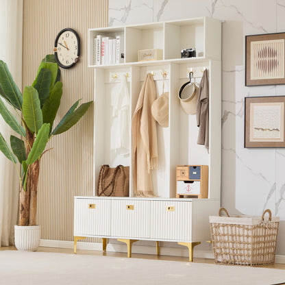 Garderobenset mit Bank, multifunktionale Aufbewahrungsbank, offene Aufbewahrung,6 goldene Haken und Füße, geeignet für Flur, Wohnzimmer, weiß, B120/D40/H191.5CM