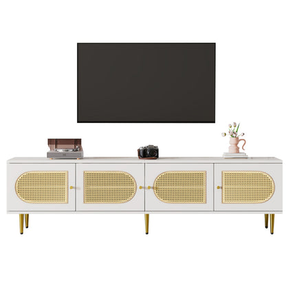 Weißer Rattan-TV-Schrank 180x40x50 cm - 4 Rattan-Türen, verstellbare Einlegeböden und Kabelmanagement für Fernseher bis 80 Zoll, TV-Schrank,Lowboards