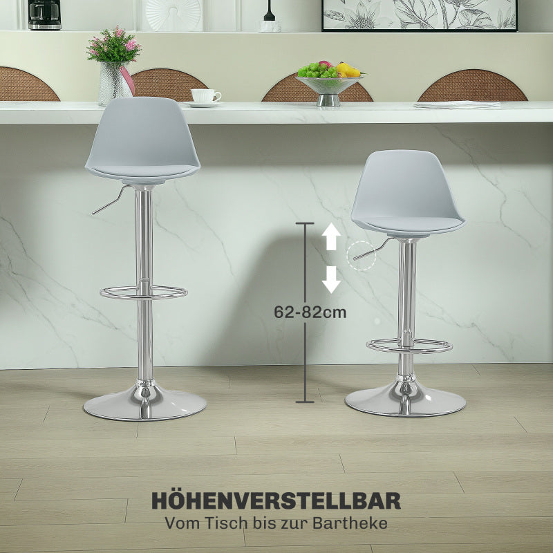 Barhocker 2er Set, Gepolstert Barstuhl mit Stahlgestell, Lehne, Höhenverstellbar Küchenstühle mit Fußstütze 360° Drehbar, Grau