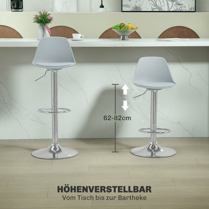 Barhocker 2er Set, Gepolstert Barstuhl mit Stahlgestell, Lehne, Höhenverstellbar Küchenstühle mit Fußstütze 360° Drehbar, Grau