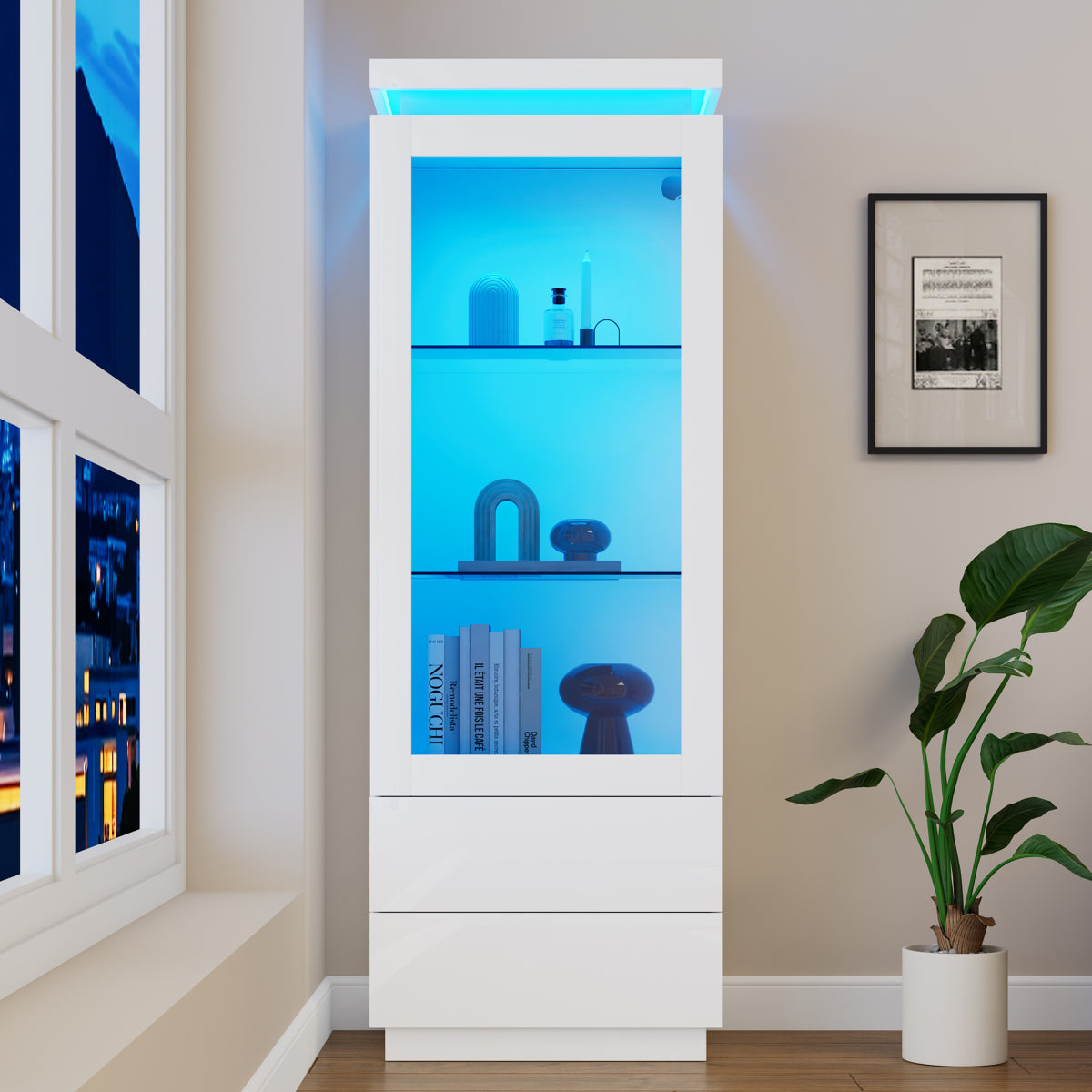 Weiß Hochglanz Vitrine 60x40x171cm mit App-LED & 2 Schubladen, Glasvitrine Hochschrank mit Acryltür, Standregal Wohnzimmerschrank
