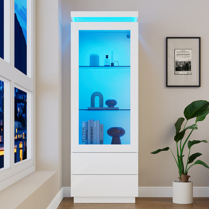 Weiß Hochglanz Vitrine 60x40x171cm mit App-LED & 2 Schubladen, Glasvitrine Hochschrank mit Acryltür, Standregal Wohnzimmerschrank