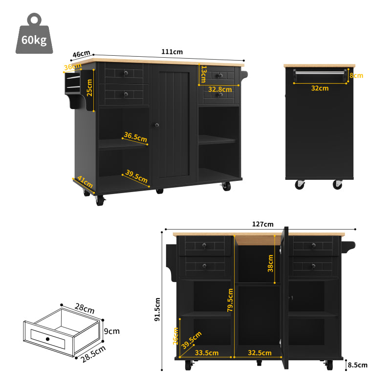 Moderne Kücheninsel (127×46×91,5cm) Küchenschrank Essschrank mit Holzmaserung Esswagen mit multifunktionalem Stauraum und herausnehmbaren Trennwänden, schwarz