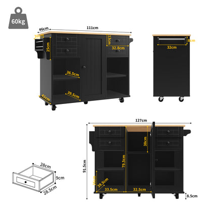 Moderne Kücheninsel (127×46×91,5cm) Küchenschrank Essschrank mit Holzmaserung Esswagen mit multifunktionalem Stauraum und herausnehmbaren Trennwänden, schwarz