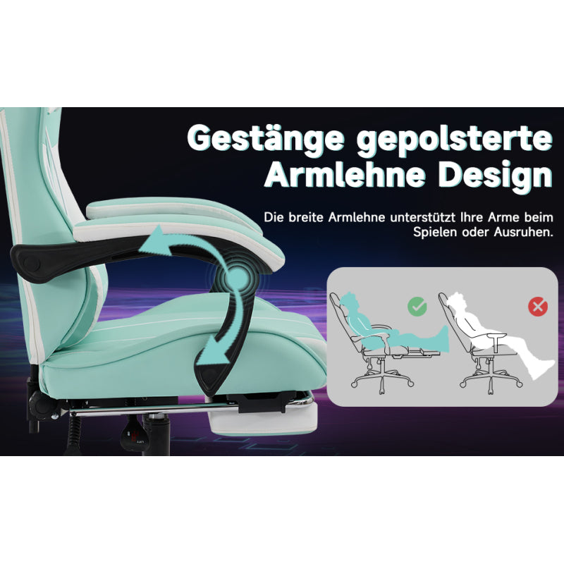 Gaming Stuhl Computerstuhl Ergonomischer Gaming Chair mit Fußstütze Bürostuhl Ergonomischer Computerstuhl mit Lendenwirbelstütze, Mintgrün