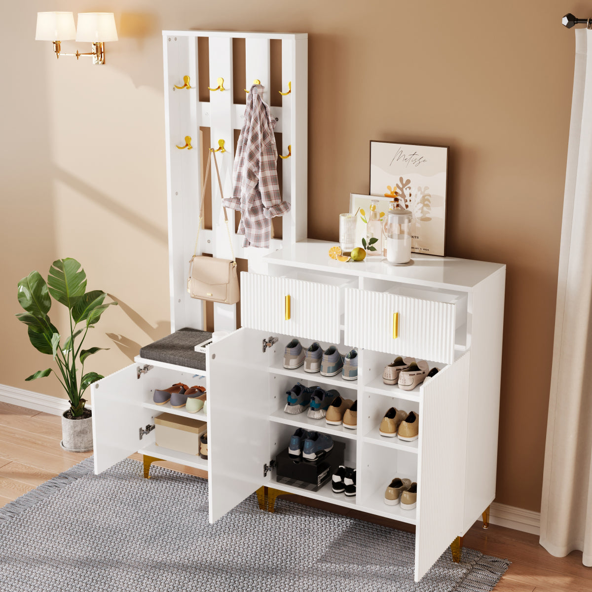 Garderoben-Set mit Schuhschrank & Sitzbank, Wellenfront, Push-to-Open, goldene Details, Weiß
