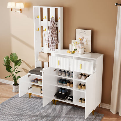 Garderoben-Set mit Schuhschrank & Sitzbank, Wellenfront, Push-to-Open, goldene Details, Weiß