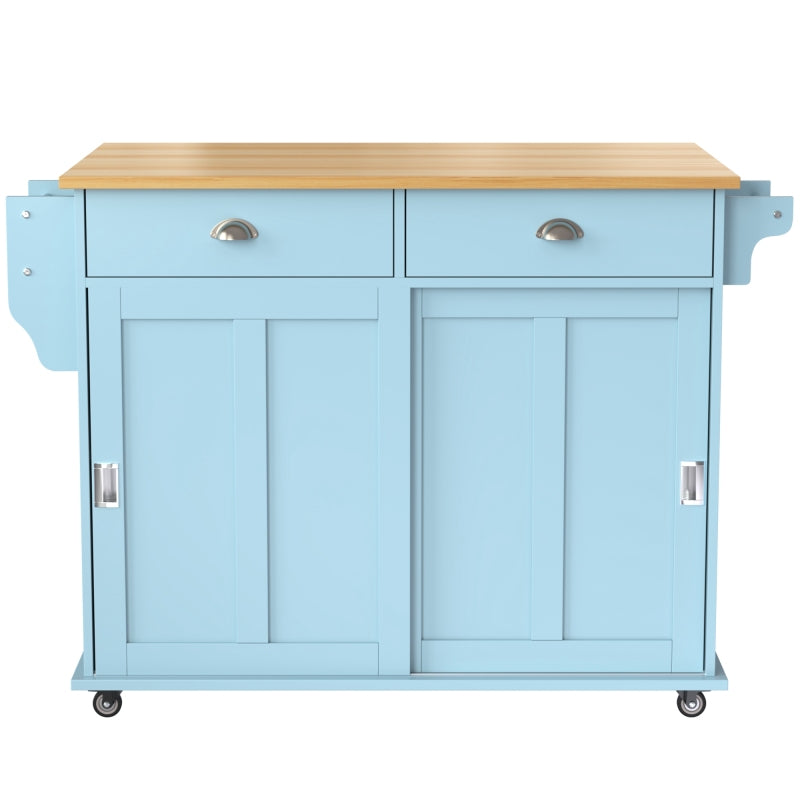 Esswagen/Anrichte, 112x40(70)x94 cm, Blau, Klappbare Massivholzoptik-Arbeitsplatte, mit Ablagetür, Rollen & Auswechselbaren Massivholzfüßen, für Küche & Esszimmer