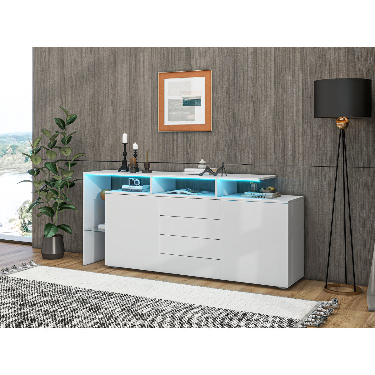 Modernes Sideboard 160cm mit LED-Beleuchtung & App-Steuerung, Hochglanz-Fronten, 4 Schubladen & Glasfach, TV-Schrank Kommode Weiß/Anthrazit