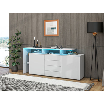 Modernes Sideboard 160cm mit LED-Beleuchtung & App-Steuerung, Hochglanz-Fronten, 4 Schubladen & Glasfach, TV-Schrank Kommode Weiß/Anthrazit