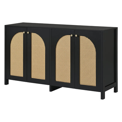 Modernes Sideboard im minimalistischen Stil 4-Rattantür, Metallgriff einfaches Buffetschrank für Esszimmer, Wohnzimmer, Küche (Schwarz)
