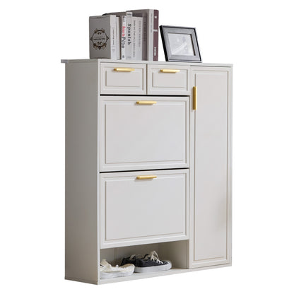 Moderne Schuhschrank, mit verstellbaren Regalen, goldenen Griffen, Schubladen, Klappschuhschrank und Türen,  weiß, B95/D24/H107.5
