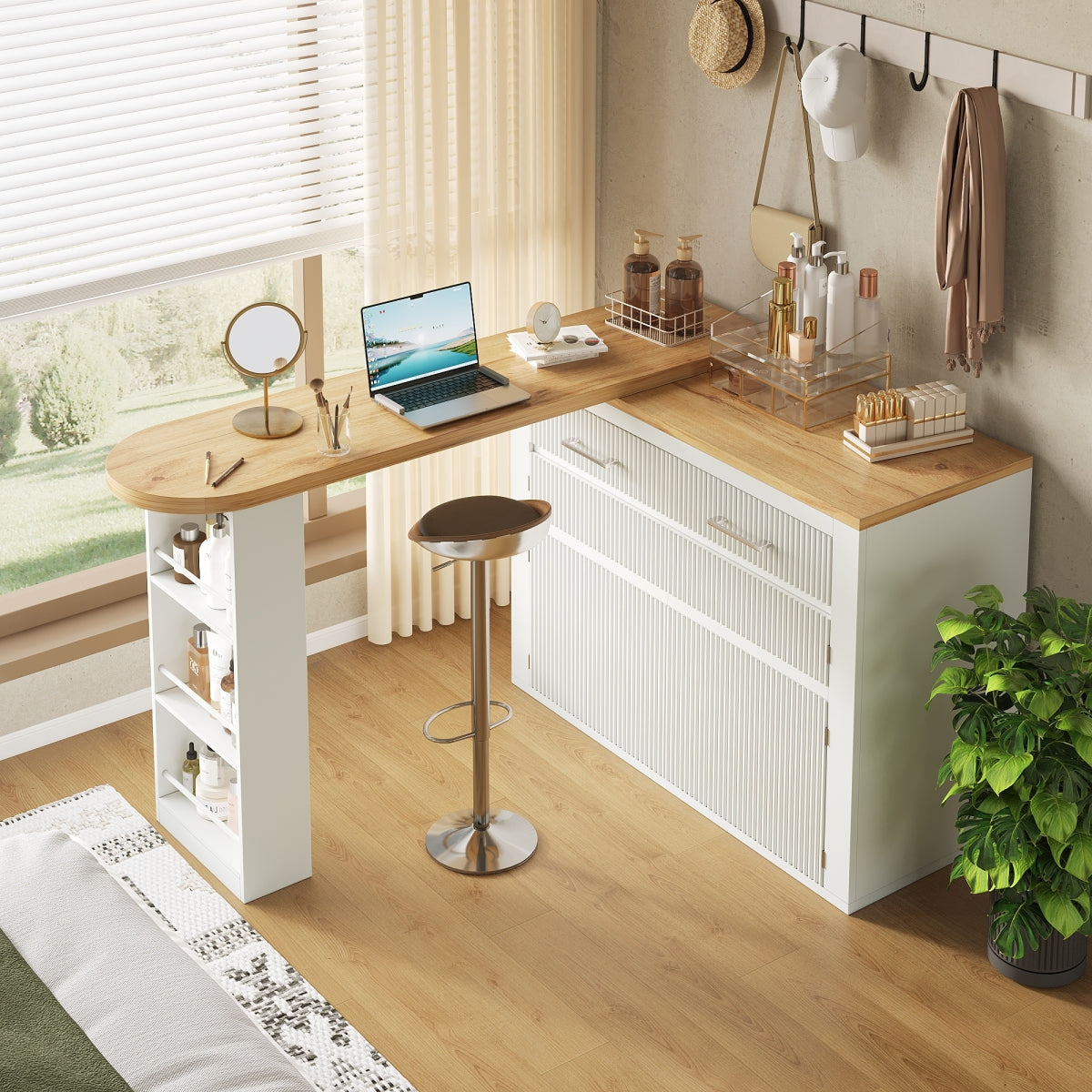 Ausziehbarer Bartisch Weiß (137-215cm) - Moderner Teleskop-Hochtisch mit Schublade & 2 Regalen - Bewegliche Kücheninsel & Bistro Table