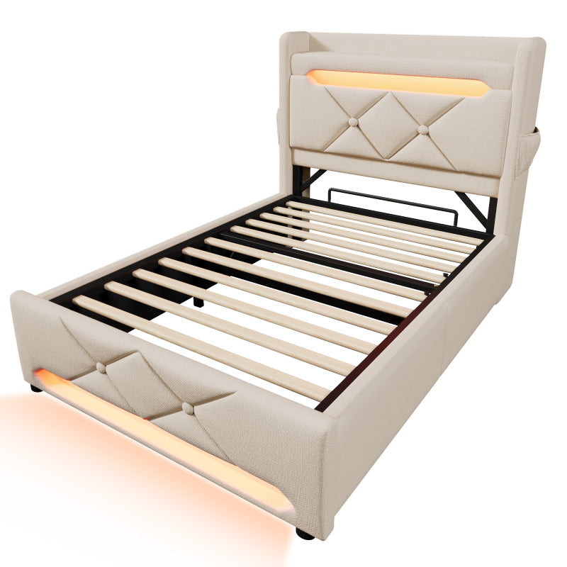 Polsterbett Einzelbett 90*200, Stauraum Kopfteil mit USB und Typ C-Port ,360-Surround-LED-Funktion rund um Kopf- und Fußende des, Betten mit Hydraulisch Stauraum, Beige , Leinen(Ohne Matratze)