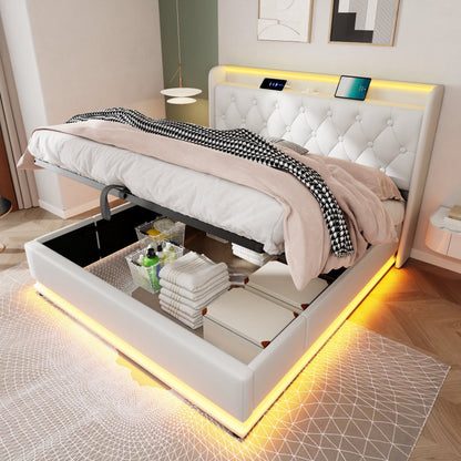 Polsterbett Doppelbett, 360-Surround-LED-Funktion, Drucktaste/App/Fernbedienung, 160*200 cm, weiß PU-Material Hydraulisches Lagerbett, gepolstertes Kopfteil mit USB Typ-C Ladefunktion (Mit Matratze)