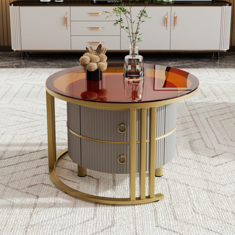 2-in-1 runder MDF-Couchtisch, Beistelltisch mit 1 Hochglanz-Tischplatte und 1 brauner Tischplatte aus gehärtetem Glas, Wohnzimmer-Couchtischkombination mit 2 Schubladen, 70*70*45 + 50*50*40 cm