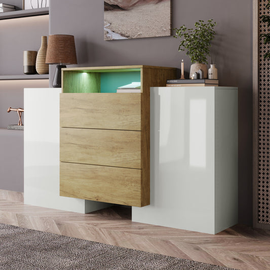 Sideboard, Moderner Kommode, Schrank 140cm, Hochglanz-Weiß und Holzfarbe, Mehrfarbige LED-Lichteffekte. Stilvolle Aufbewahrungslösung (Teilweise glänzende Oberfläche)
