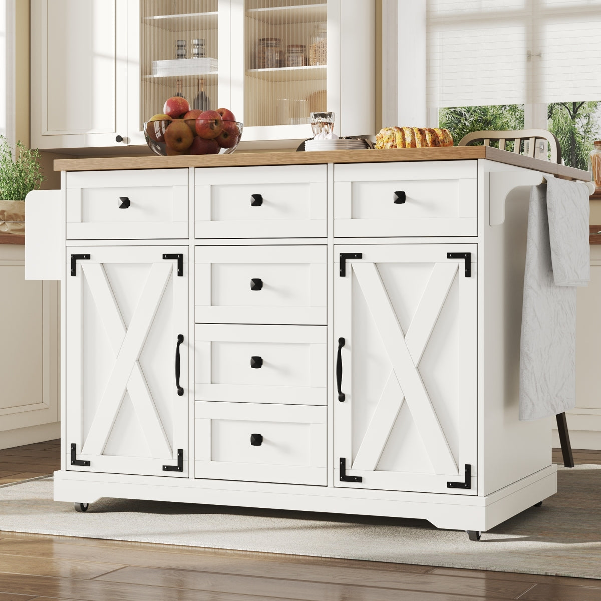 Kücheninsel 147cm klappbar Servierwagen Weiß & Holzoptik, Multifunktionaler Esstisch & Buffetschrank, Mobiler Küchenwagen mit Stauraum