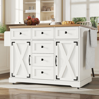 Kücheninsel 147cm klappbar Servierwagen Weiß & Holzoptik, Multifunktionaler Esstisch & Buffetschrank, Mobiler Küchenwagen mit Stauraum