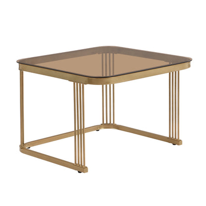 Stapelbarer Couchtisch: hochglänzende Marmoroptik und Teebraun Glasplatte, goldene Akzente, Beistelltisch mit Schubladen.  zweiteiliges Set