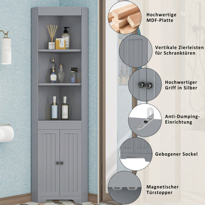 Badezimmer-Hochschrank, Drei offene Ablagefächer, Feuchtigkeitsgeschützte Flügeltüren, Verschiebbare Einlegeböden, Schlichte Form, grau