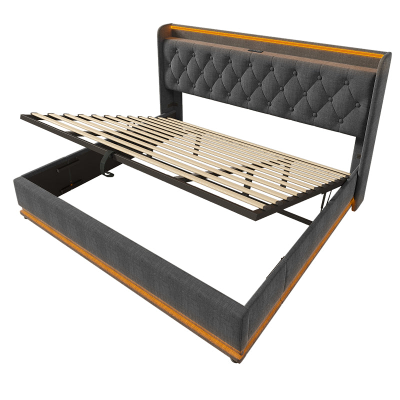 Polsterbett Doppelbett, 360-Surround-LED-Funktion, Drucktaste/App/Fernbedienung,180*200 cm,Grau Leinen-Material Hydraulisches Lagerbett, gepolstertes Kopfteil mit USB Typ-C Ladefunktion(Ohne Matratze)