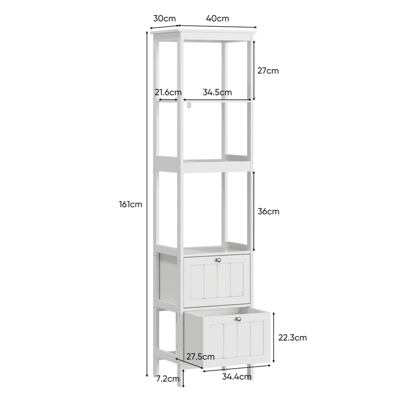Schmaler Hochschrank, Badezimmerschrank mit 2 Schubladen und 3 Einlegeböden, 40Lx30Bx160Hcm, Weiß
