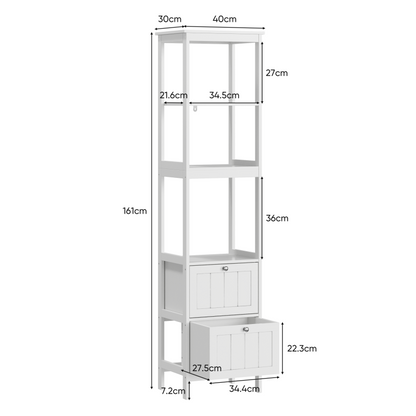 Schmaler Hochschrank, Badezimmerschrank mit 2 Schubladen und 3 Einlegeböden, 40Lx30Bx160Hcm, Weiß