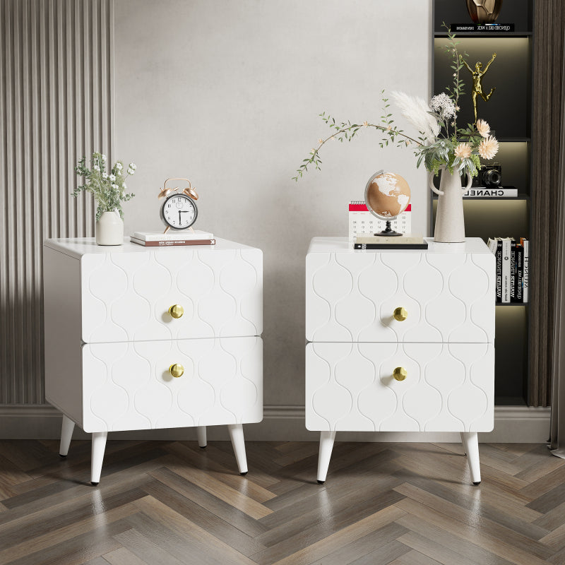 Moderner Nachttisch, vergoldete Griffe, Wellenmuster, 2er-Set, mit 2 Schubladen, lackiert, Ecken mit stoßfestem Design, 39,5 B*40 T*50 H cm, Weiß