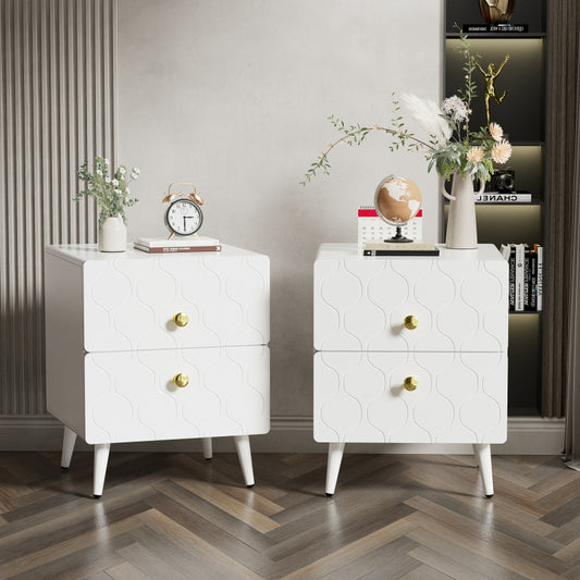 Moderner Nachttisch, vergoldete Griffe, Wellenmuster, 2er-Set, mit 2 Schubladen, lackiert, Ecken mit stoßfestem Design, 39,5 B*40 T*50 H cm, Weiß