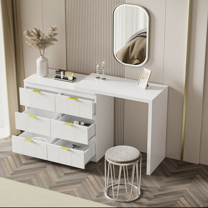 Schminktisch mit Beistelltisch,Bürotisch mit 6 Schubladen,Vergoldeten Griffen,drehbare Tischplatte(180°),lackiert,Blumenmuster,stoßfeste abgerundete Ecken,40T*73H,Weiß (ohne Spiegel und Hocker)