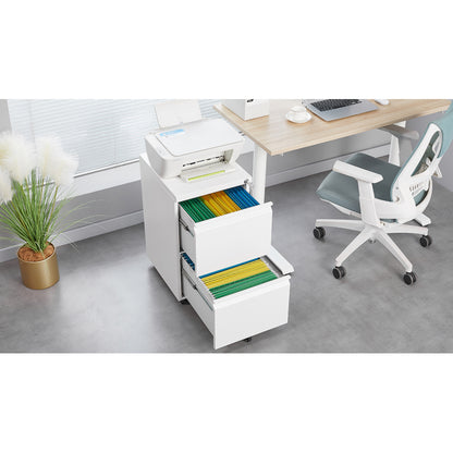 Metal 2 Drawer Mobile File Cabinet with Lock, Under Desk Office Steel Filing Cabinet, 25.6''H Legal/Letter Size Files Storage Cabinet,White