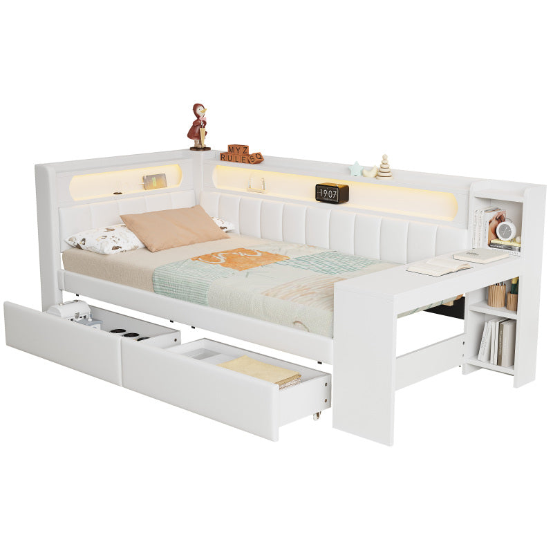 Gepolstertes 90x200 Daybed mit USB-Anschlüssen und LED-Gürtel, mit Schreibtisch und 2 Schubladen, weiß