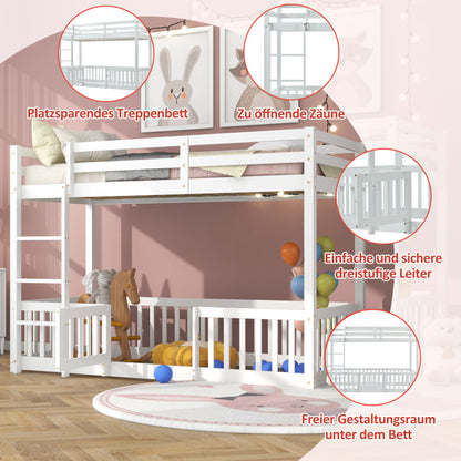 Etagenbett mit rechtwinkliger Treppe, Bett mit Zäune und Türchen, Kinderbett mit Fallschutz und Gitter, Massivholz, weiß (200x90cm)