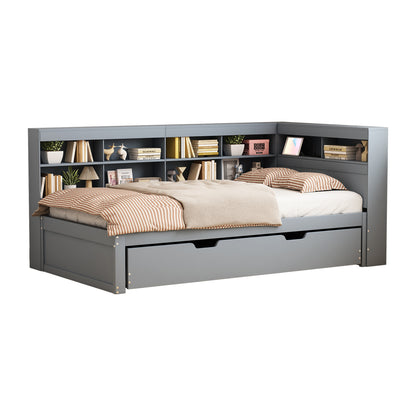 Multifunktions-Schlafsofa 90x200 & 90x190 Ausziehbar - Massivholz Grau mit USB-Anschluss, Stauraum & Ablagefächern - Praktisches Einzelbett, Grau