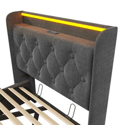 Polsterbett einzelbett,360-Surround-LED-Funktion, Drucktaste/App/Fernbedienung,90*200 cm, Grau Leinen-Material Hydraulisches Lagerbett, gepolstertes Kopfteil mit USB Typ-C Ladefunktion (Ohne Matratze)