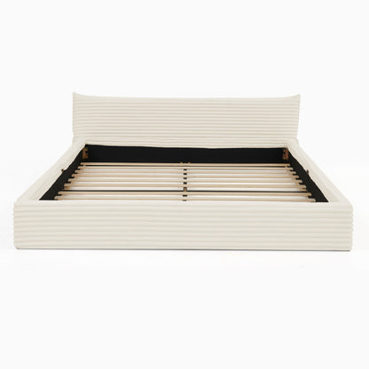 Doppelbett 140*200cm, mit Samtweichem Chenille-Bezug & Elegantem Kleinkantendesign am Kopfende, Beige (ohne Matratze)