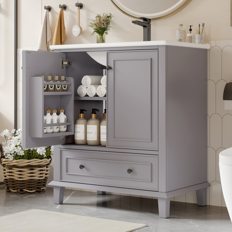 76x46x87cm Bodenstehender Badezimmerschrank mit Waschbeck, Waschtisch,Beine aus Massivholz, MDF-Material, feuchtigkeits- und wasserdicht, großer Stauraum, integriertes Keramikwaschbecken, Grau