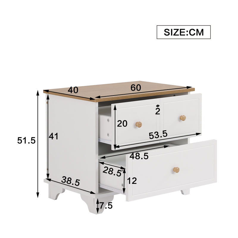Nachttisch mit 2 Schubladen, geräuschlosen Gleitern, Schön gearbeitete Füße, Stauraum im Wohnzimmer und Schlafzimmer, MDF+Spanplatte, Weiß+Natur