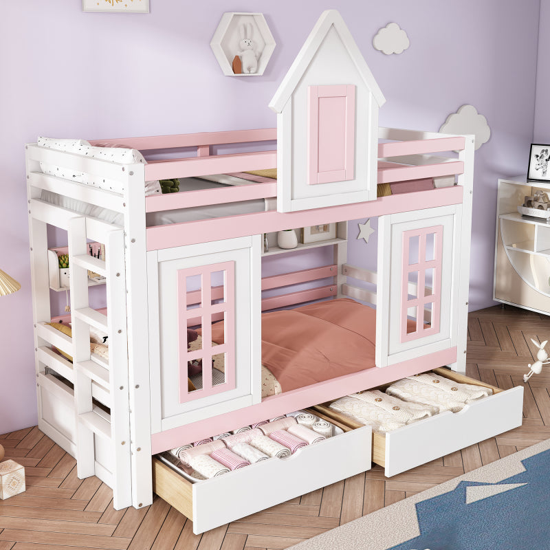 Etagenbett, Prinzessinnenbett, Kinderbett, Kinderbett mit Dach und Fenster, mit Fallschutzgitter, stabiles Geländer, Zwei Schubladen mit Rollen, Offenes Regal, Reichlich Stauraum, Kiefer+MDF,Weiß+Rose