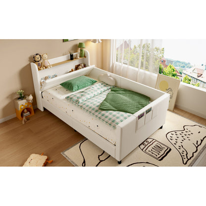 Kinder-Spleißbett, Polsterbett, Tagesbett, Schlafsofa mit Metallbettgestell, Kindernachttisch mit unterer Klapptür, 3 kleine Aufbewahrungstaschen, PU+MDF+Sperrholz, Weiß, 90x200cm