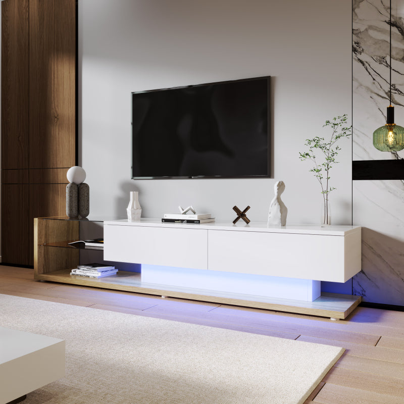TV-Schränke, Lowboards, Kombination aus Hochglanzweiß und Holzfarben. Glastrennwände und variable LED-Beleuchtung. Es kombiniert natürlichen Landhausstil mit modernem Design.